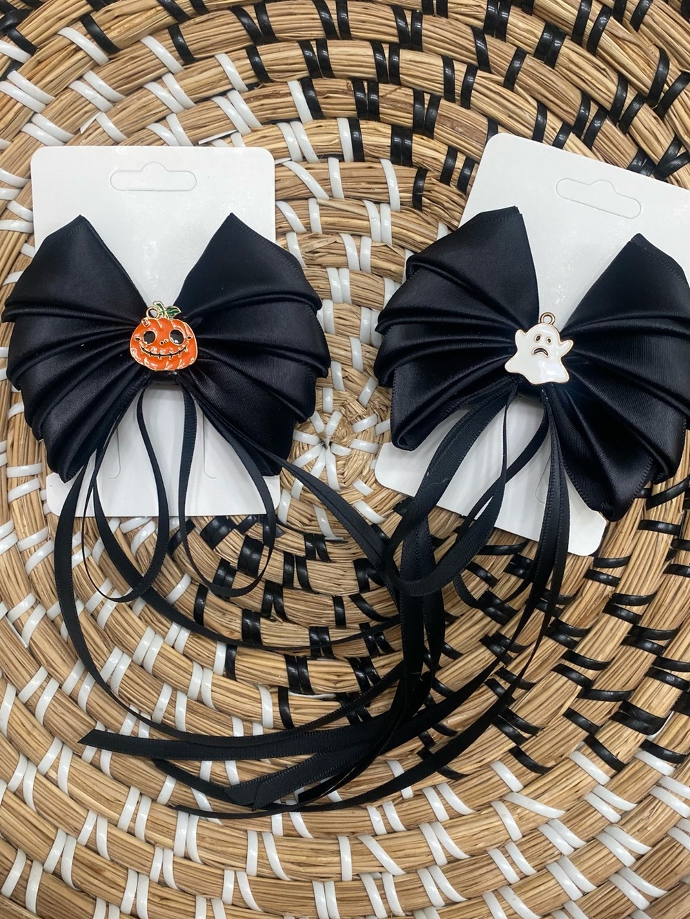 Kids Black Halloween Bow Hair Clip with Pumpkin and Ghost Charms
